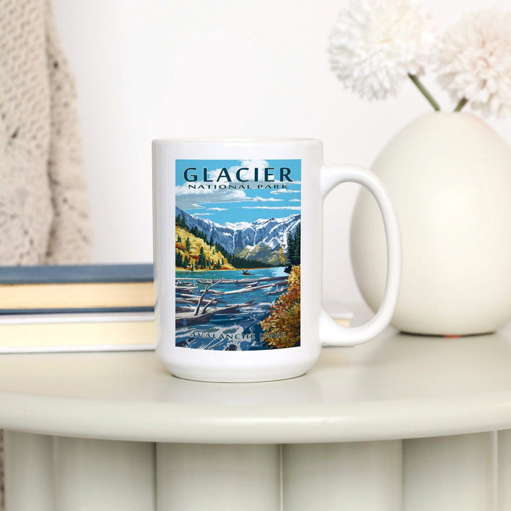 Glacier National Park, Montana, Avalanche Lake Illustration, Lantern Press Artwork, Ceramic Mug Mugs Lantern Press 