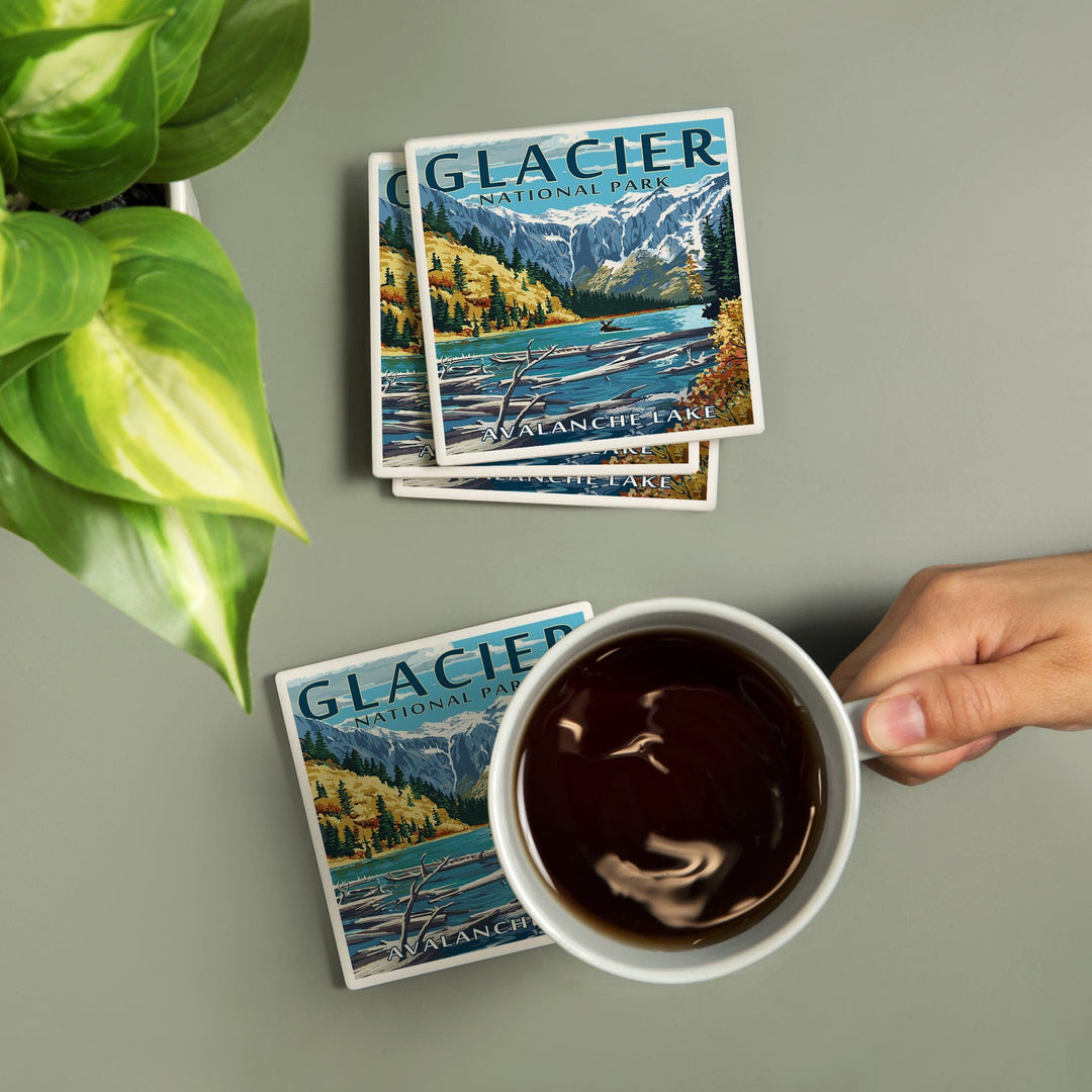 Glacier National Park, Montana, Avalanche Lake Illustration, Lantern Press Artwork, Coaster Set - Lantern Press