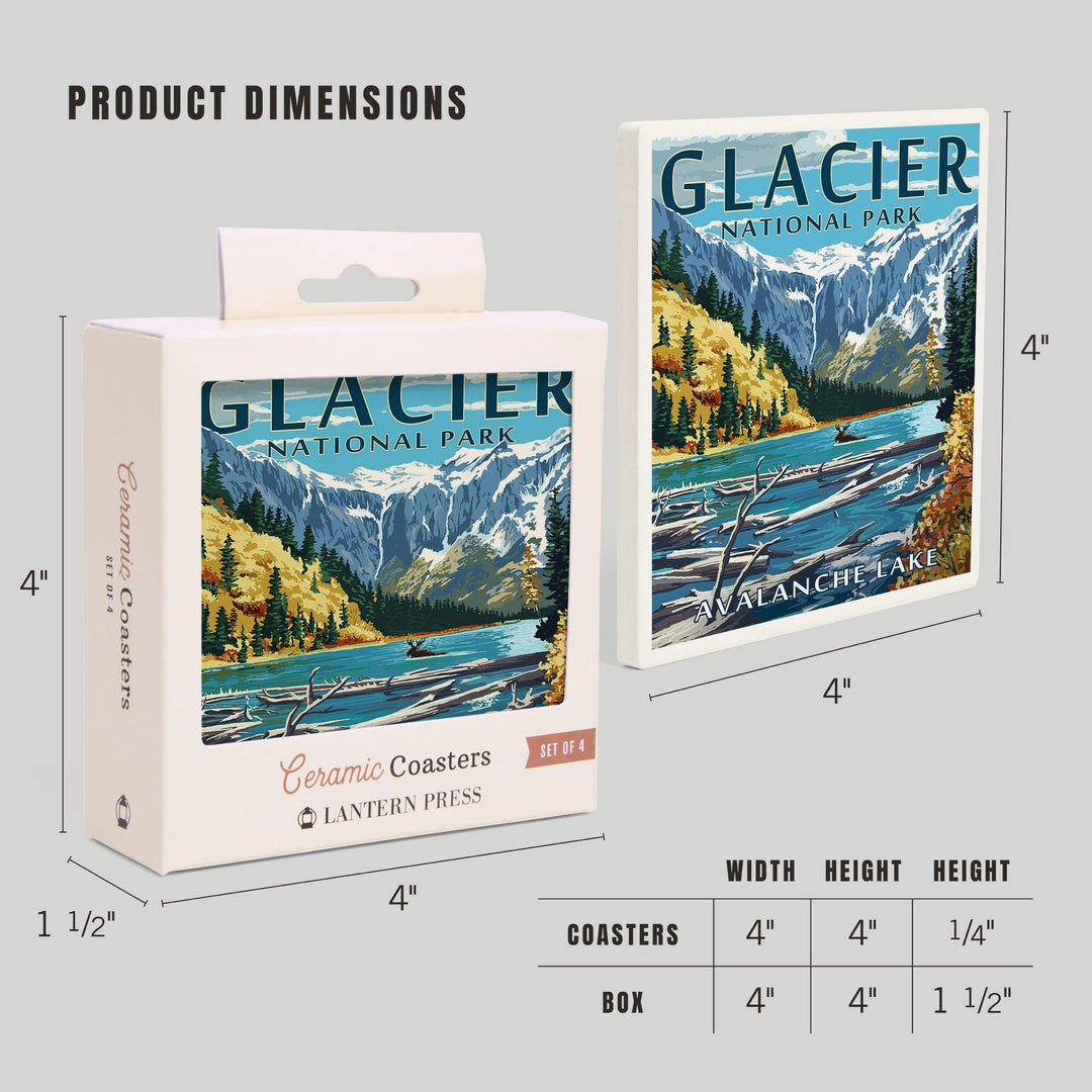 Glacier National Park, Montana, Avalanche Lake Illustration, Lantern Press Artwork, Coaster Set - Lantern Press