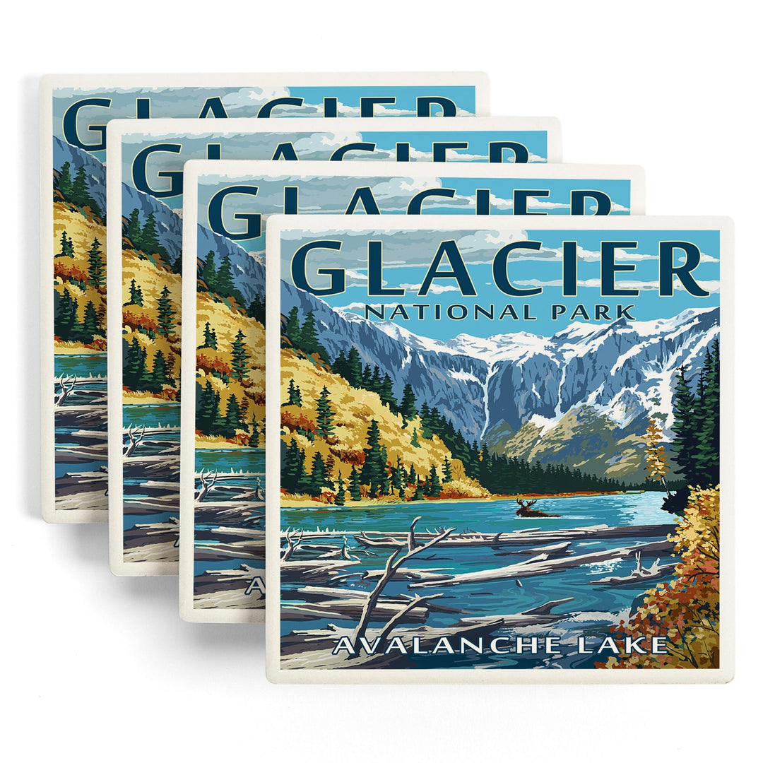 Glacier National Park, Montana, Avalanche Lake Illustration, Lantern Press Artwork, Coaster Set - Lantern Press