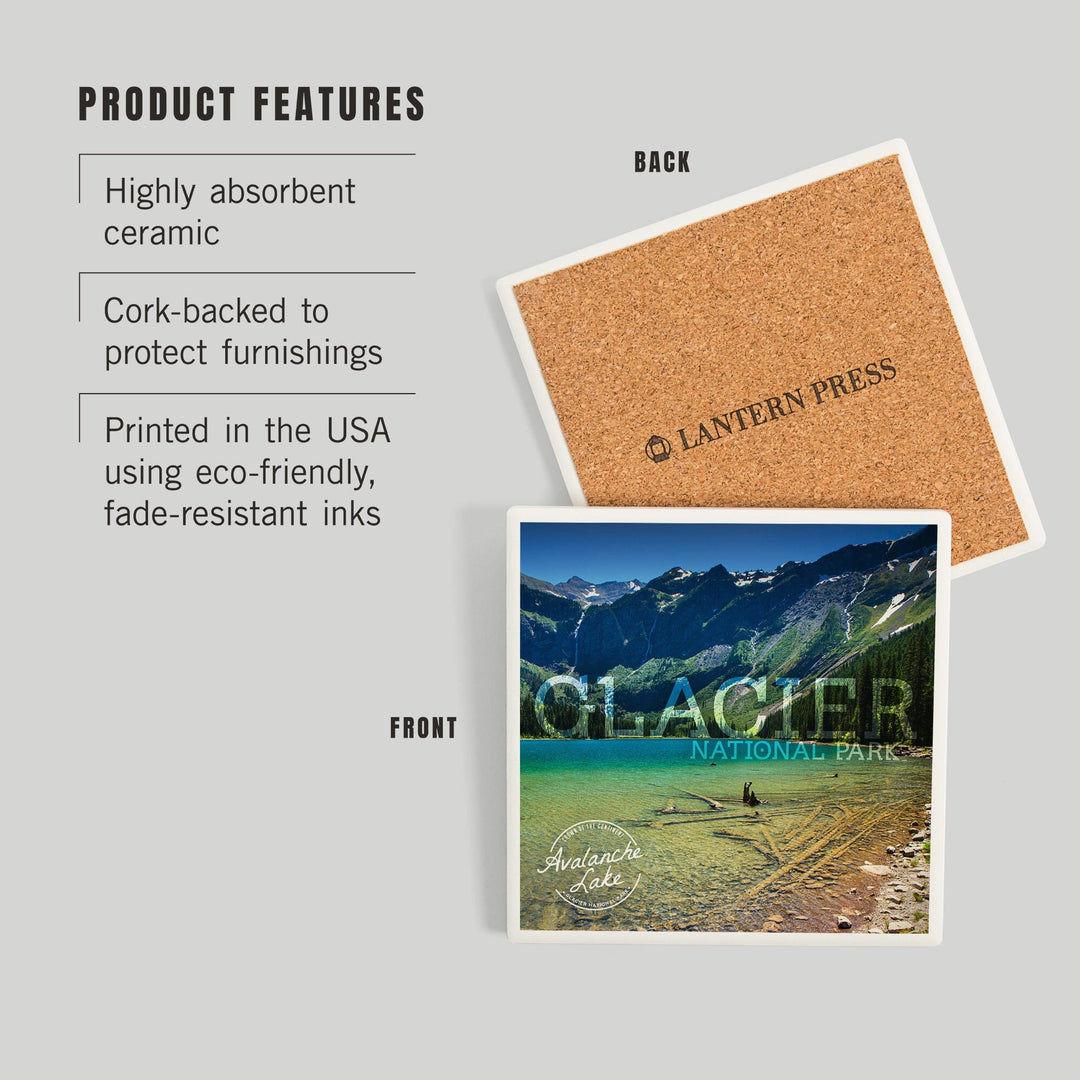 Glacier National Park, Montana, Avalanche Lake (Stamp Version), Coasters Coasters Lantern Press 