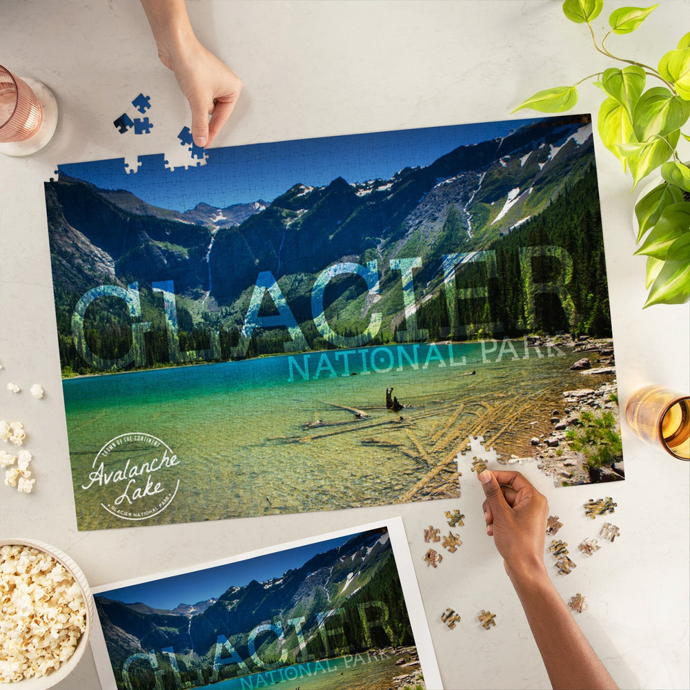 Glacier National Park, Montana, Avalanche Lake (Stamp Version), Jigsaw Puzzle Puzzle Lantern Press 