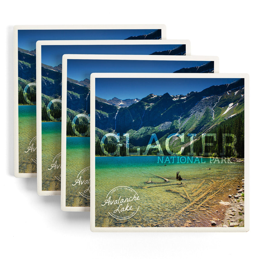 Glacier National Park, Montana, Avalanche Lake (Stamp Version), Lantern Press Photography, Coaster Set - Lantern Press