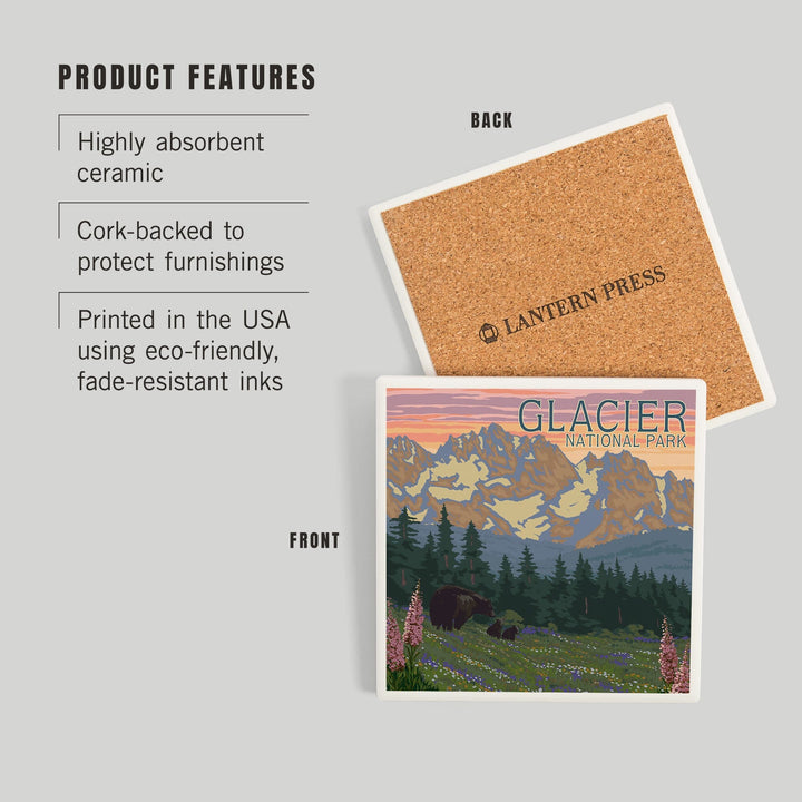 Glacier National Park, Montana, Bear and Cubs with Flowers, Coasters Coasters Lantern Press 