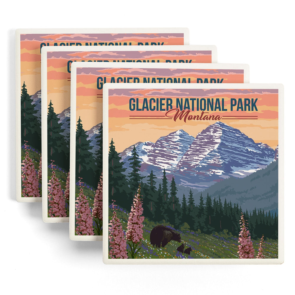 Glacier National Park, Montana, Bear and Spring Flowers, Coasters Coasters Lantern Press 