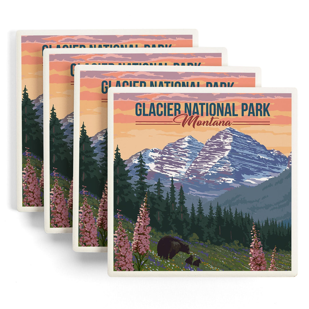 Glacier National Park, Montana, Bear and Spring Flowers, Coasters Coasters Lantern Press 