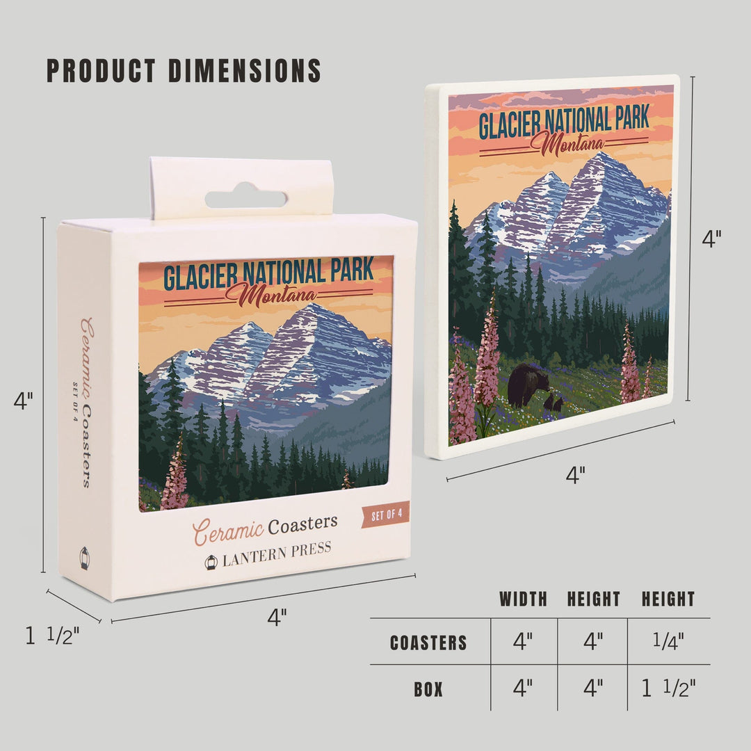 Glacier National Park, Montana, Bear and Spring Flowers, Coasters Coasters Lantern Press 