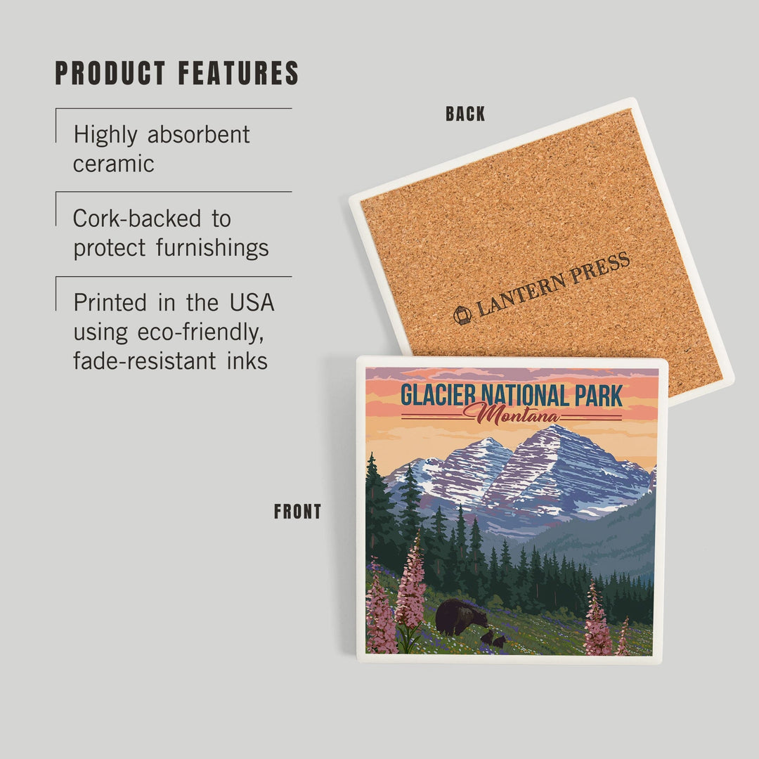 Glacier National Park, Montana, Bear and Spring Flowers, Coasters Coasters Lantern Press 