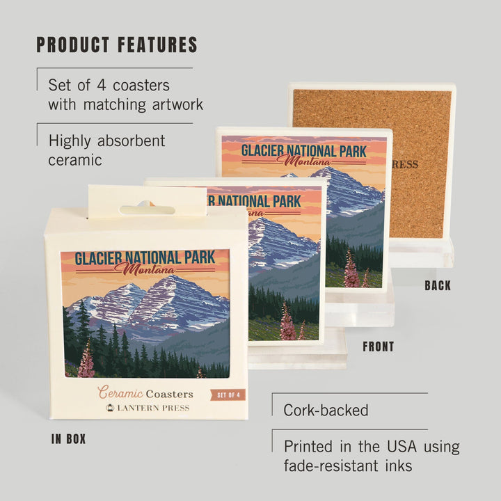 Glacier National Park, Montana, Bear and Spring Flowers, Coasters Coasters Lantern Press 