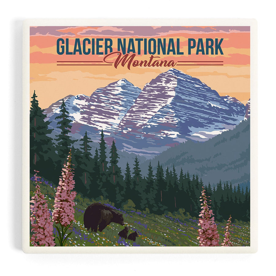 Glacier National Park, Montana, Bear and Spring Flowers, Coasters Coasters Lantern Press 