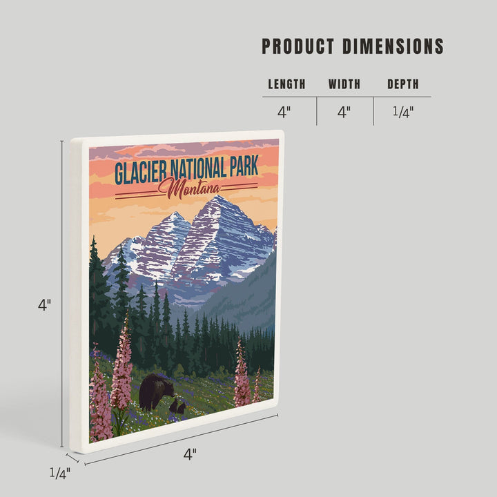 Glacier National Park, Montana, Bear and Spring Flowers, Coasters Coasters Lantern Press 