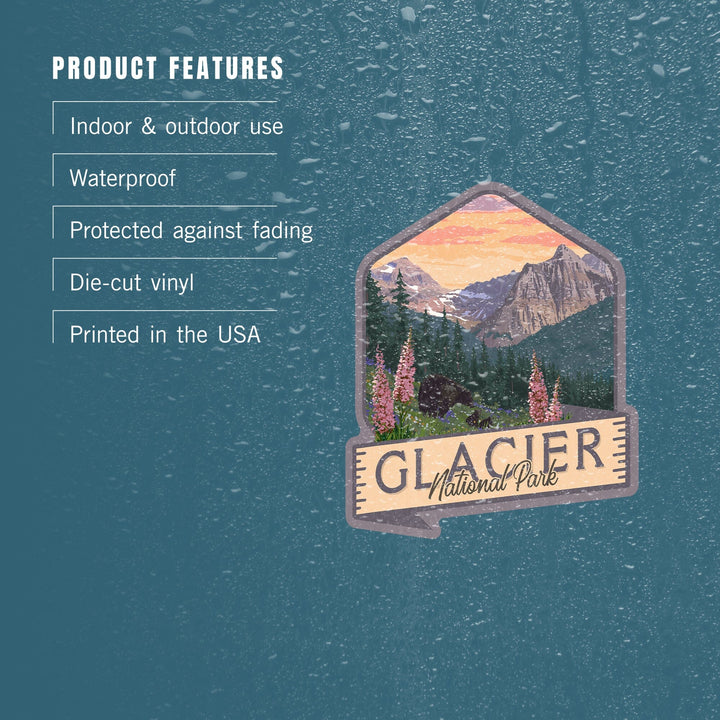 Glacier National Park, Montana, Bear and Spring flowers, Contour, Lantern Press Artwork, Vinyl Sticker Sticker Lantern Press 