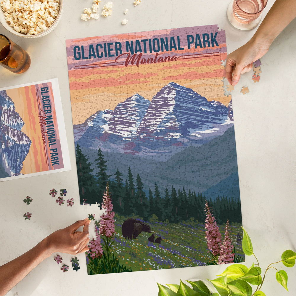 Glacier National Park, Montana, Bear and Spring Flowers, Jigsaw Puzzle Puzzle Lantern Press 