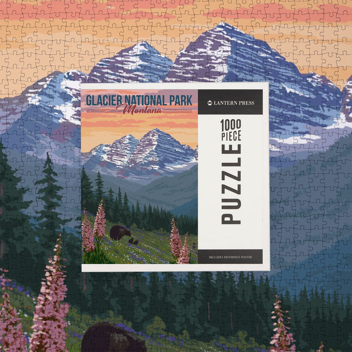 Glacier National Park, Montana, Bear and Spring Flowers, Jigsaw Puzzle Puzzle Lantern Press 