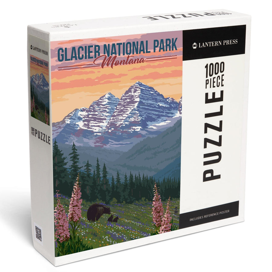 Glacier National Park, Montana, Bear and Spring Flowers, Jigsaw Puzzle Puzzle Lantern Press 