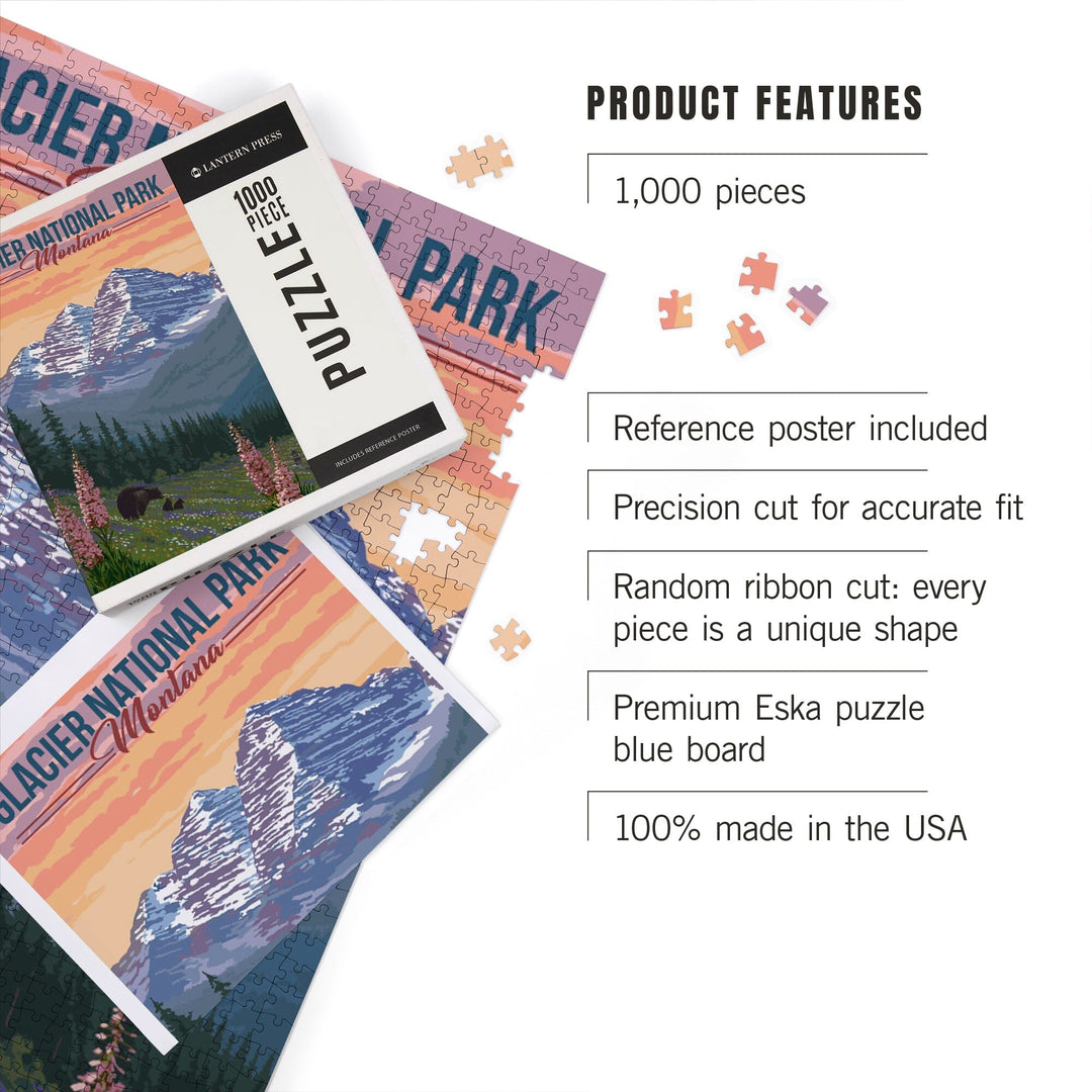 Glacier National Park, Montana, Bear and Spring Flowers, Jigsaw Puzzle Puzzle Lantern Press 
