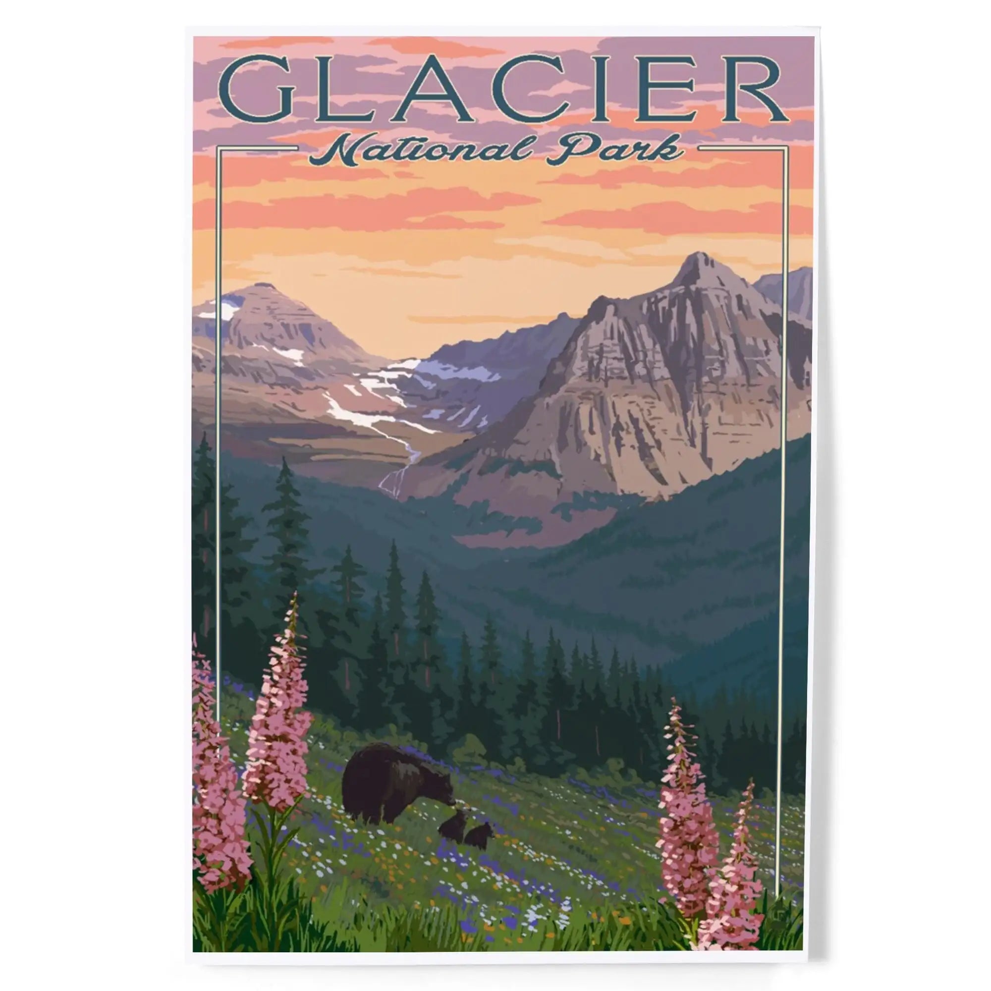 Glacier National Park, Montana, Bear and Spring Flowers, Mountains