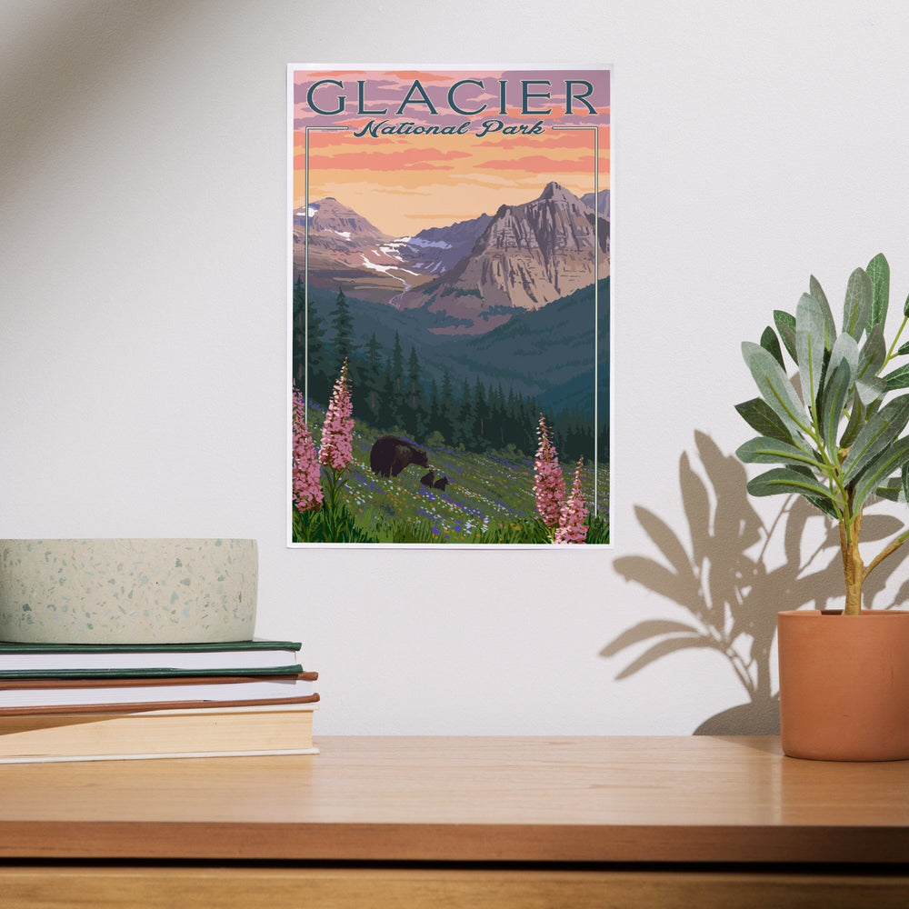 Glacier National Park, Montana, Bear and Spring Flowers, Mountains, Art & Giclee Prints Art Lantern Press 