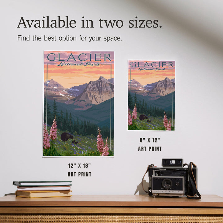 Glacier National Park, Montana, Bear and Spring Flowers, Mountains, Art & Giclee Prints Art Lantern Press 