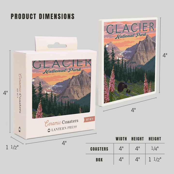 Glacier National Park, Montana, Bear and Spring Flowers, Mountains, Coasters Coasters Lantern Press 