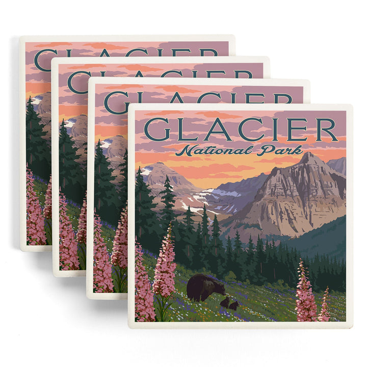 Glacier National Park, Montana, Bear and Spring Flowers, Mountains, Coasters Coasters Lantern Press 