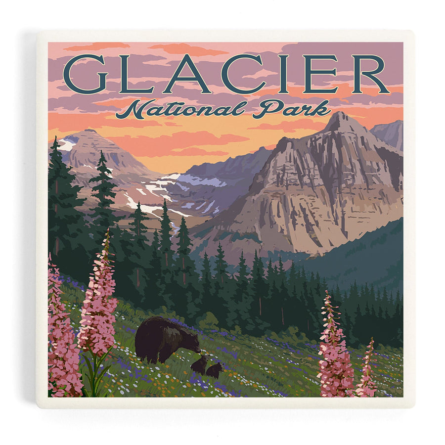Glacier National Park, Montana, Bear and Spring Flowers, Mountains, Coasters Coasters Lantern Press 