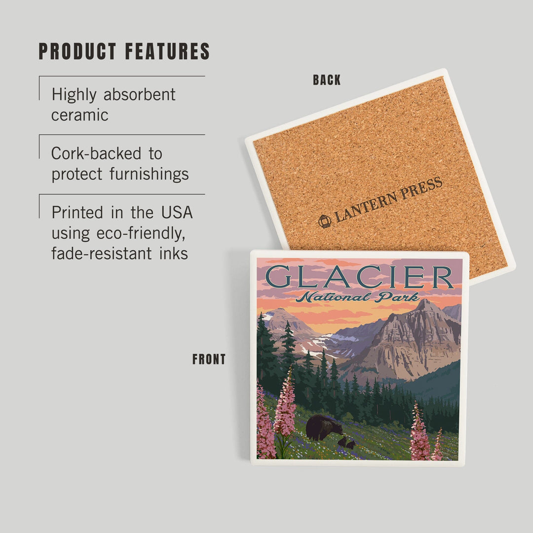 Glacier National Park, Montana, Bear and Spring Flowers, Mountains, Coasters Coasters Lantern Press 
