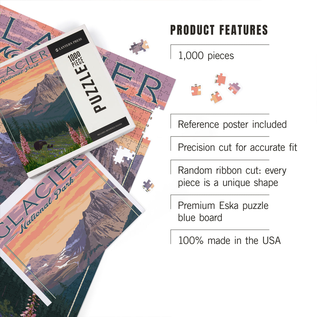 Glacier National Park, Montana, Bear and Spring Flowers, Mountains, Jigsaw Puzzle Puzzle Lantern Press 