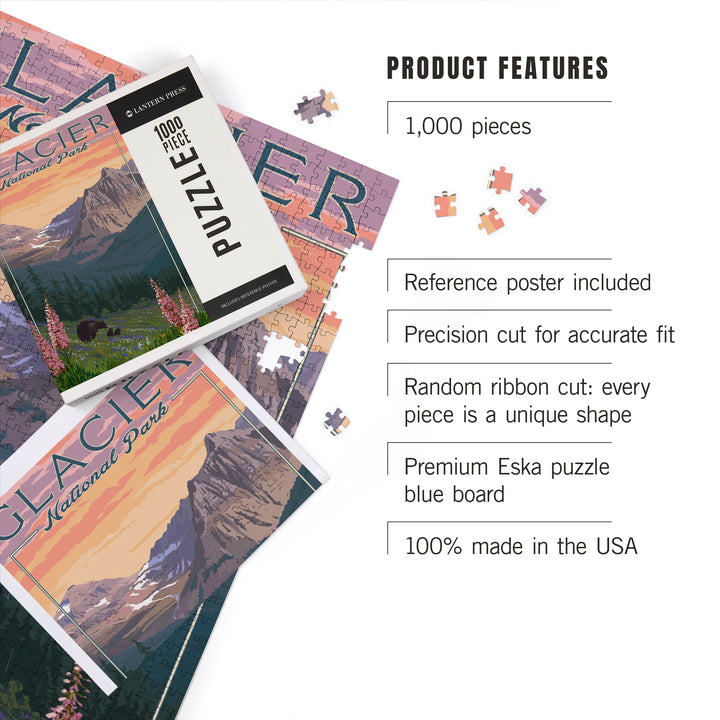Glacier National Park, Montana, Bear and Spring Flowers, Mountains, Jigsaw Puzzle Puzzle Lantern Press 