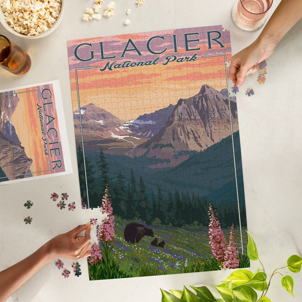 Glacier National Park, Montana, Bear and Spring Flowers, Mountains, Jigsaw Puzzle Puzzle Lantern Press 
