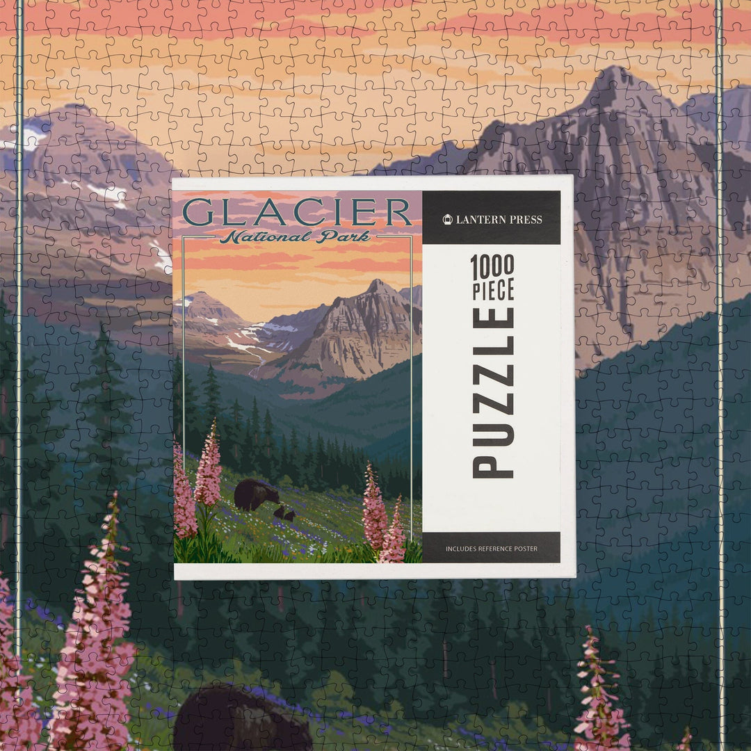 Glacier National Park, Montana, Bear and Spring Flowers, Mountains, Jigsaw Puzzle Puzzle Lantern Press 