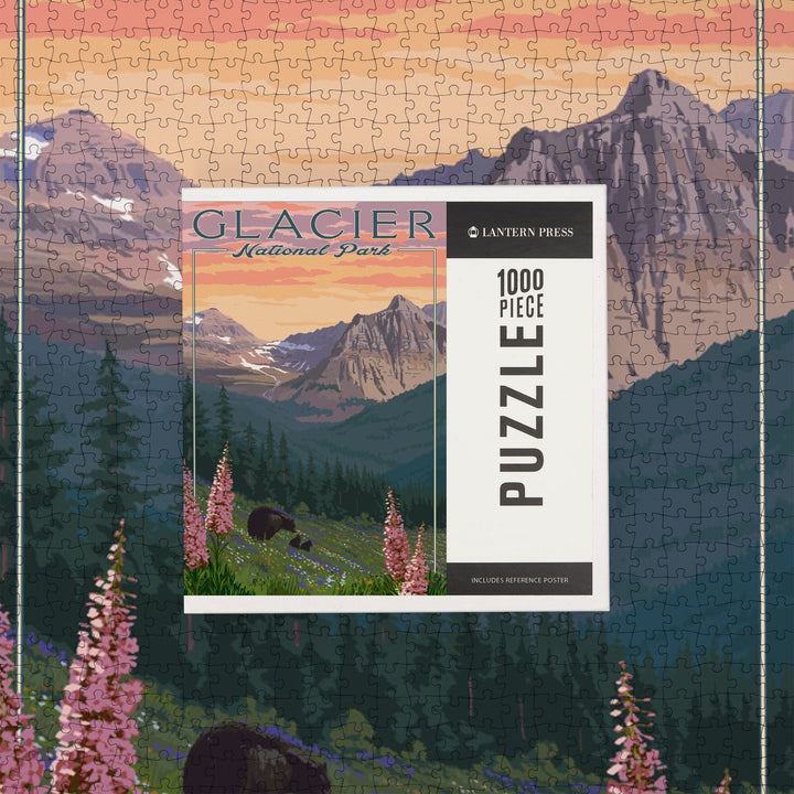 Glacier National Park, Montana, Bear and Spring Flowers, Mountains, Jigsaw Puzzle Puzzle Lantern Press 