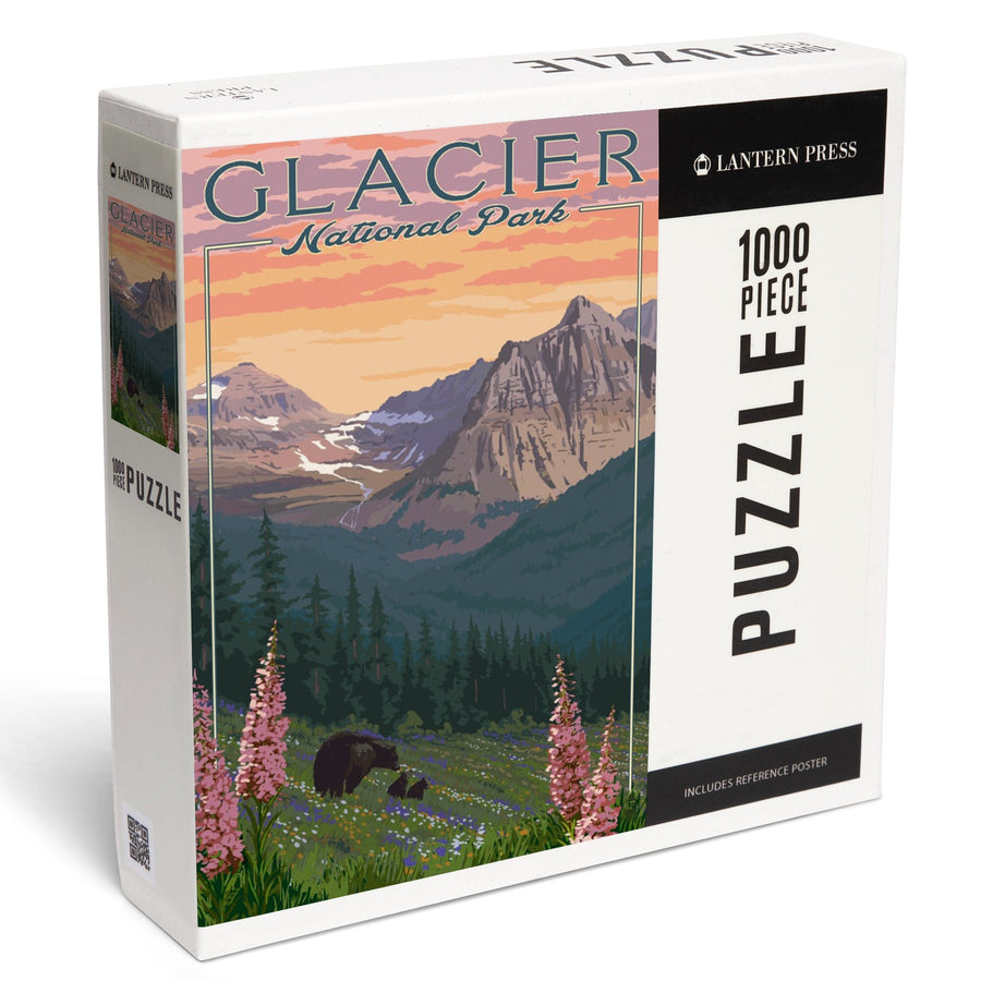 Glacier National Park, Montana, Bear and Spring Flowers, Mountains, Jigsaw Puzzle Puzzle Lantern Press 