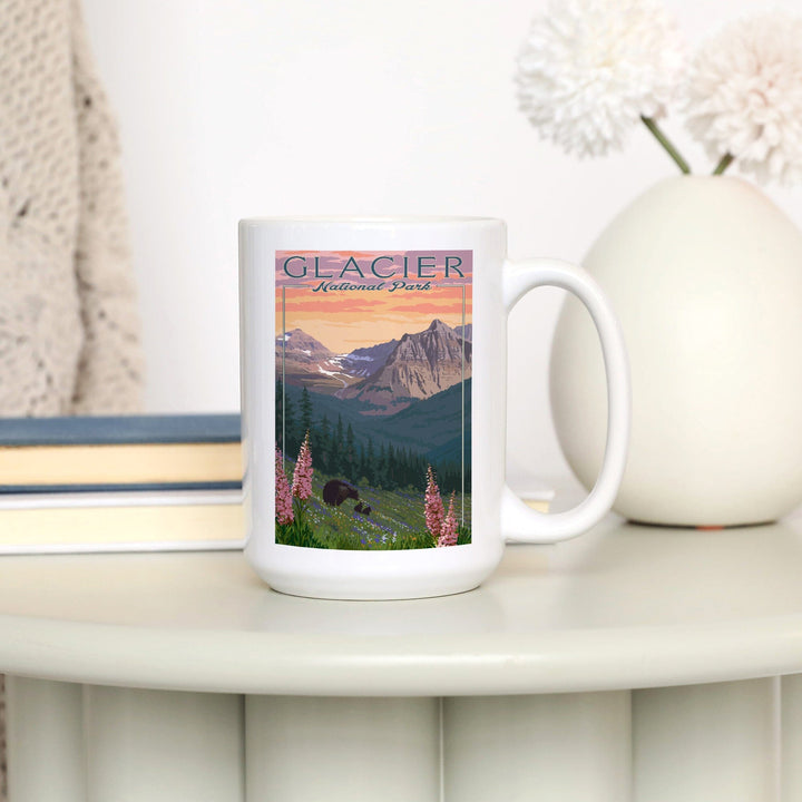 Glacier National Park, Montana, Bear and Spring Flowers, Mountains, Lantern Press Artwork, Ceramic Mug Mugs Lantern Press 