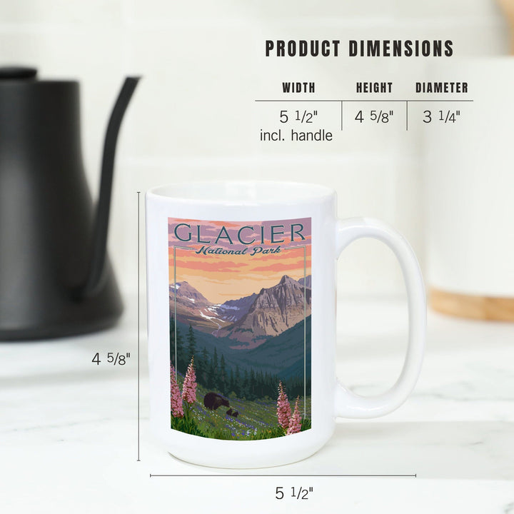 Glacier National Park, Montana, Bear and Spring Flowers, Mountains, Lantern Press Artwork, Ceramic Mug Mugs Lantern Press 