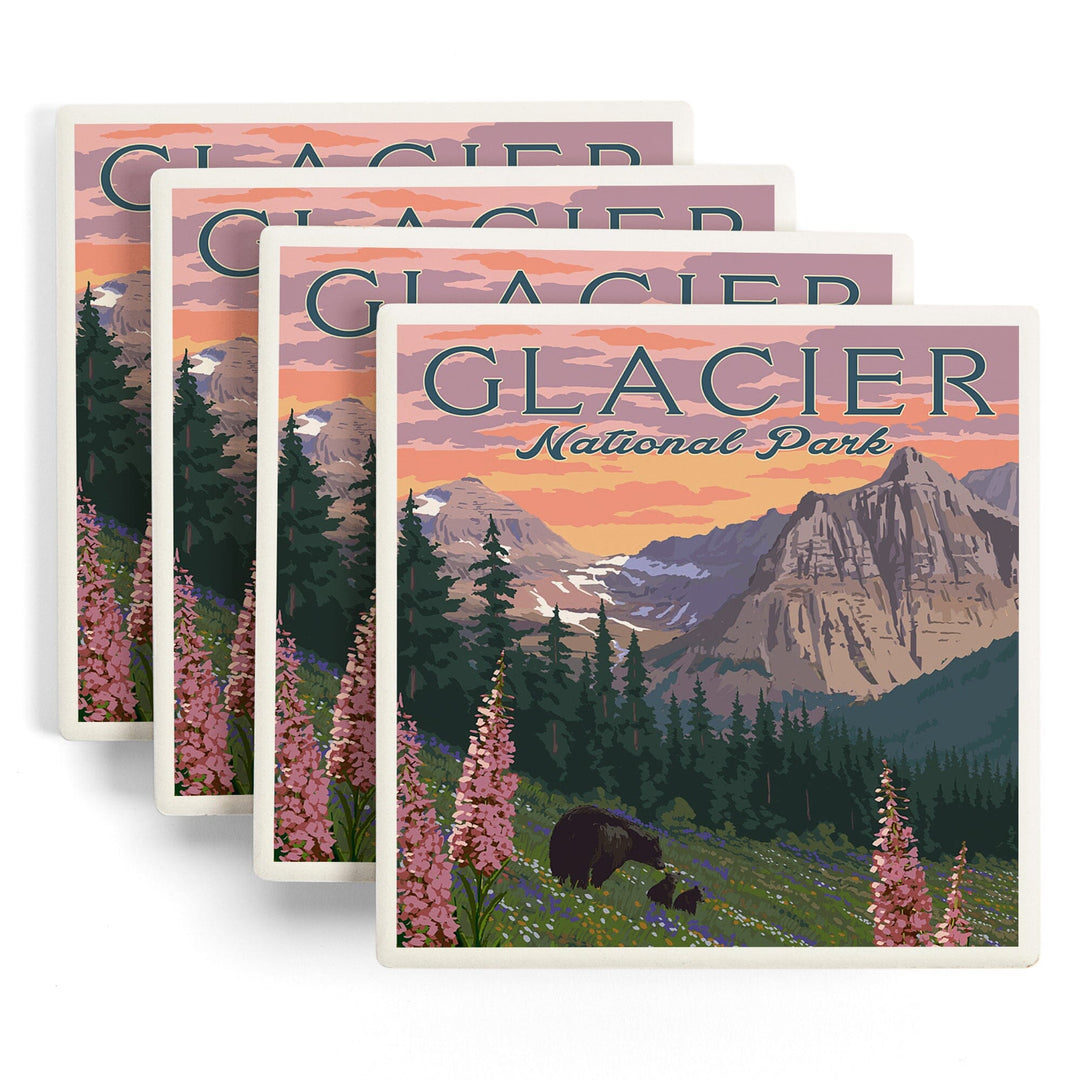 Glacier National Park, Montana, Bear and Spring Flowers, Mountains, Lantern Press Artwork, Coaster Set - Lantern Press