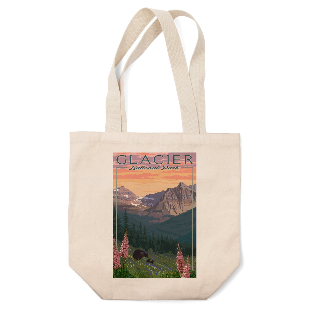Glacier National Park, Montana, Bear and Spring Flowers, Mountains, Lantern Press Artwork, Tote Bag Totes Lantern Press 