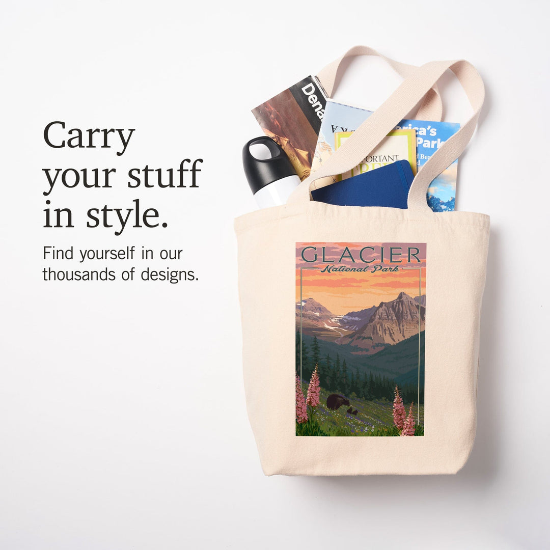 Glacier National Park, Montana, Bear and Spring Flowers, Mountains, Lantern Press Artwork, Tote Bag Totes Lantern Press 