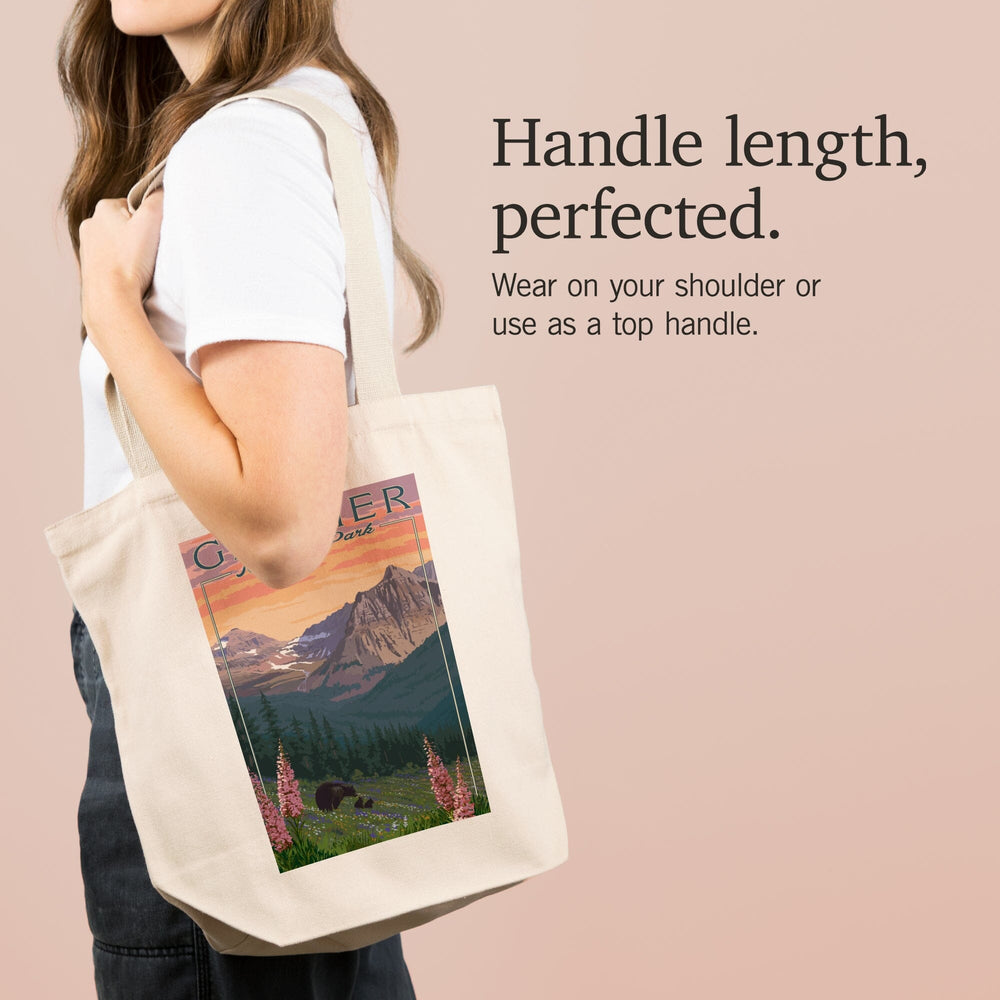Glacier National Park, Montana, Bear and Spring Flowers, Mountains, Tote Bag Totes Lantern Press 