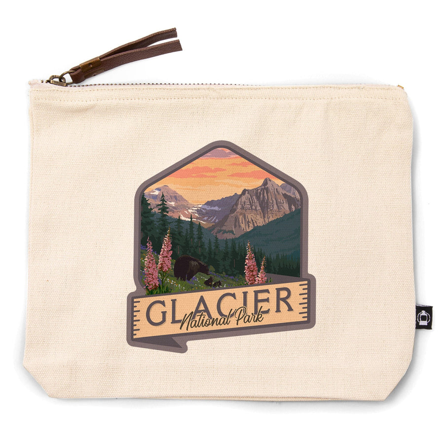 Glacier National Park, Montana, Bear and Spring flowers,, Organic Cotton Zipper Pouch, Go Bag Go Bag Lantern Press 