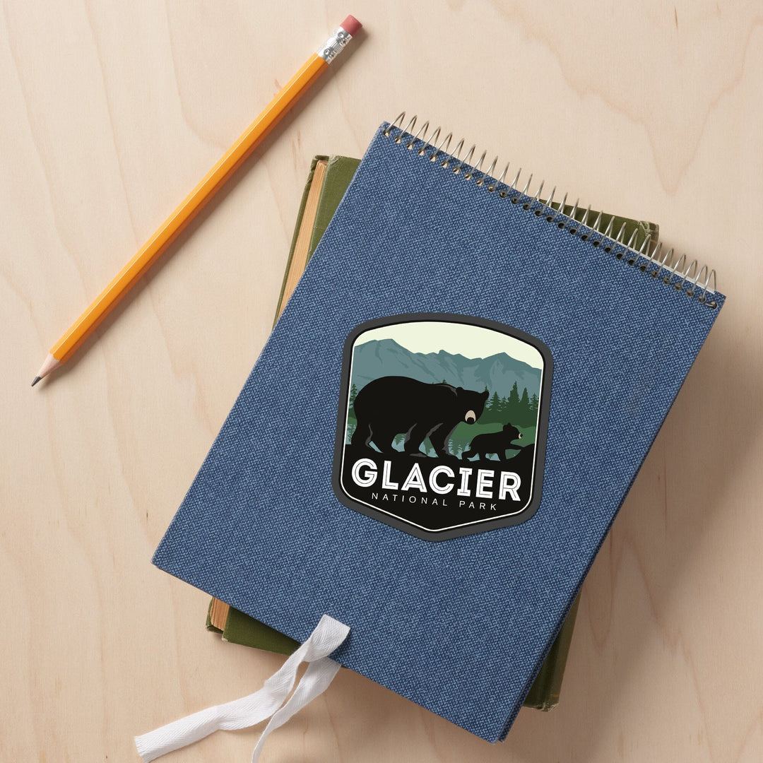 Glacier National Park, Montana, Bear & Cub, Family Time, Contour, Lantern Press Artwork, Vinyl Sticker - Lantern Press