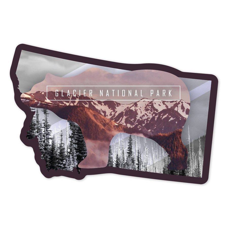 Glacier National Park, Montana, Bear Double Exposure, Contour, Vinyl Sticker - Lantern Press