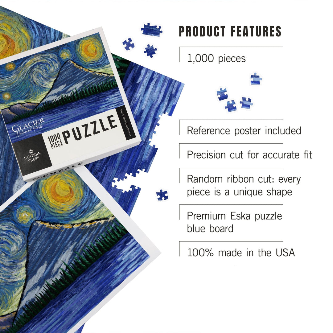 Glacier National Park, Montana, Bearhat Peak and Hidden Lake, Starry Night, Jigsaw Puzzle Puzzle Lantern Press 