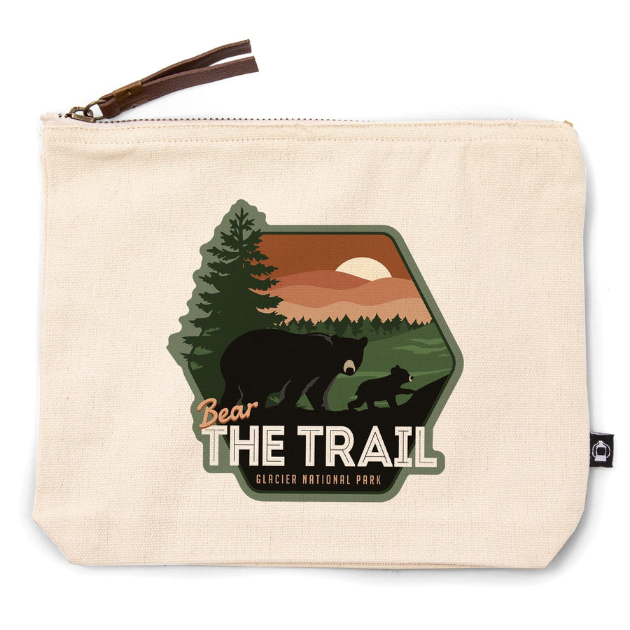 Glacier National Park, Montana, Black Bear and Cub, Bear the Trail,, Organic Cotton Zipper Pouch, Go Bag Go Bag Lantern Press 