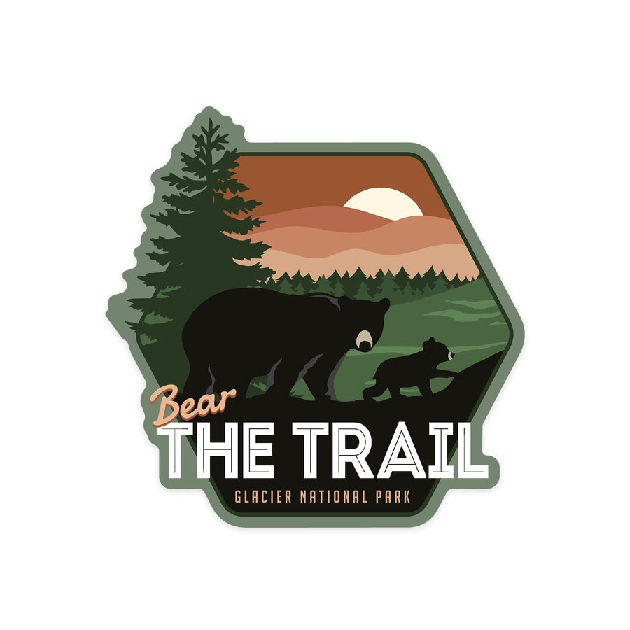 Glacier National Park, Montana, Black Bear & Cub, Bear the Trail, Contour, Lantern Press Artwork, Vinyl Sticker Sticker Lantern Press 