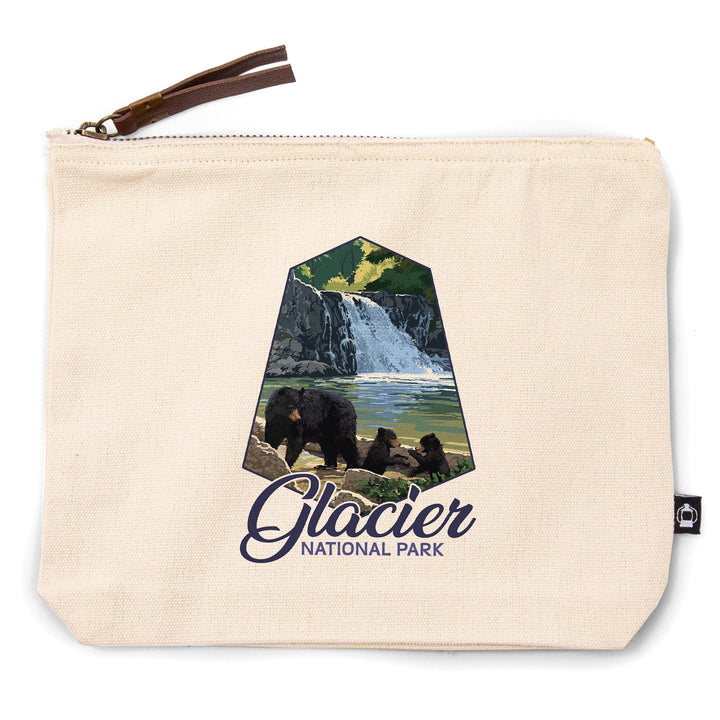 Glacier National Park, Montana, Black Bear Family and Waterfall,, Organic Cotton Zipper Pouch, Go Bag Go Bag Lantern Press 