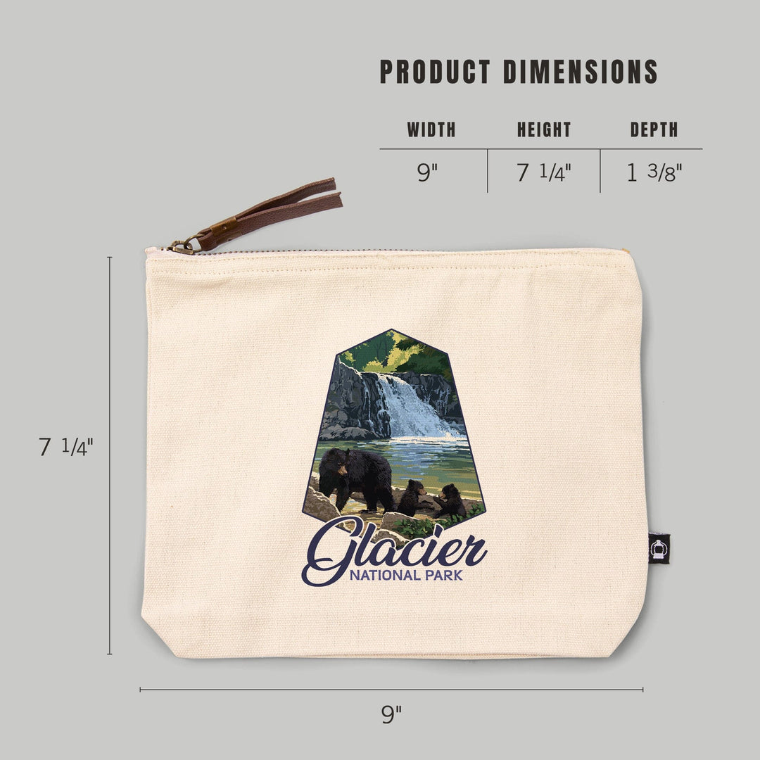Glacier National Park, Montana, Black Bear Family and Waterfall,, Organic Cotton Zipper Pouch, Go Bag Go Bag Lantern Press 