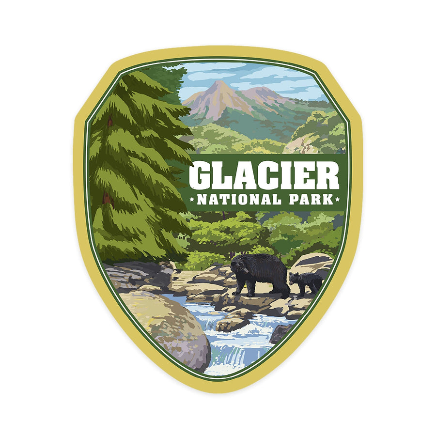 Glacier National Park, Montana, Black Bears & Stream, Contour, Lantern Press Artwork, Vinyl Sticker Sticker Lantern Press 