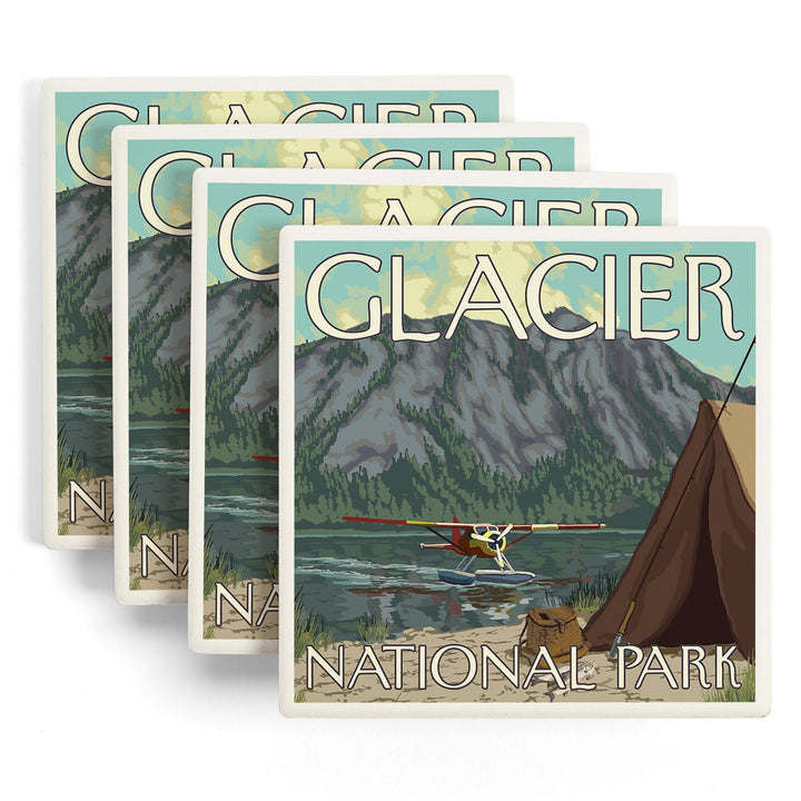 Glacier National Park, Montana, Bush Plane and Fishing, Coasters Coasters Lantern Press 