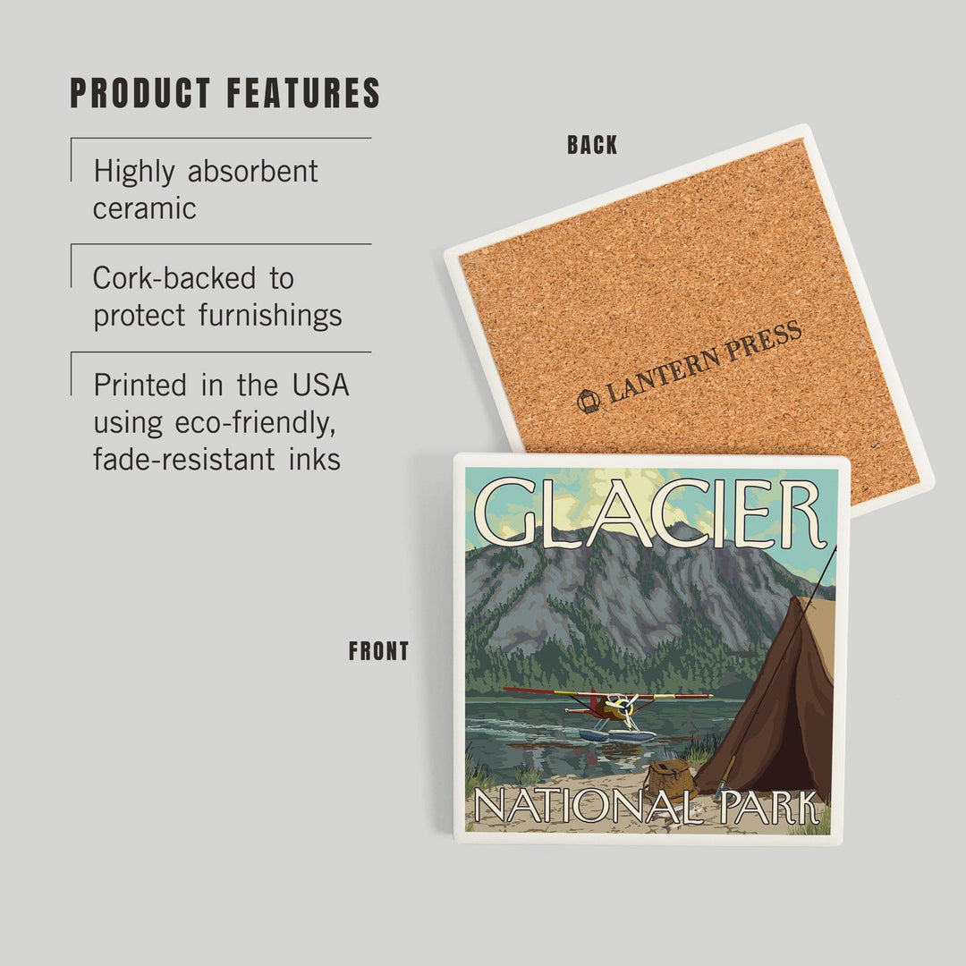 Glacier National Park, Montana, Bush Plane and Fishing, Coasters Coasters Lantern Press 